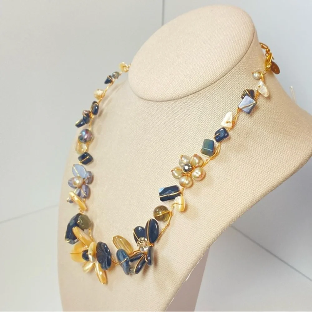 Abra Couture Handmade Natural Shell Beiges Gem Flower Collar GW Artisan Necklace